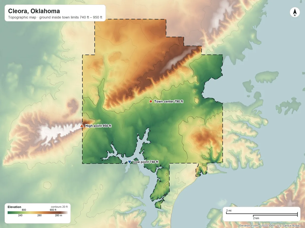 Topographic elevation map of Cleora, Oklahoma, shaded from 740 ft on the south side to 950 ft on the west side