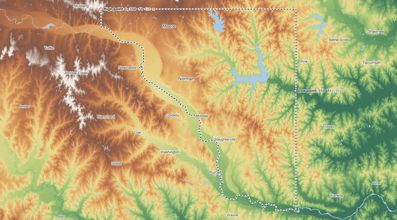 Topographic elevation map of Cleveland County, Oklahoma, shaded from 950 ft on the east side to 1,380 ft on the northwest side