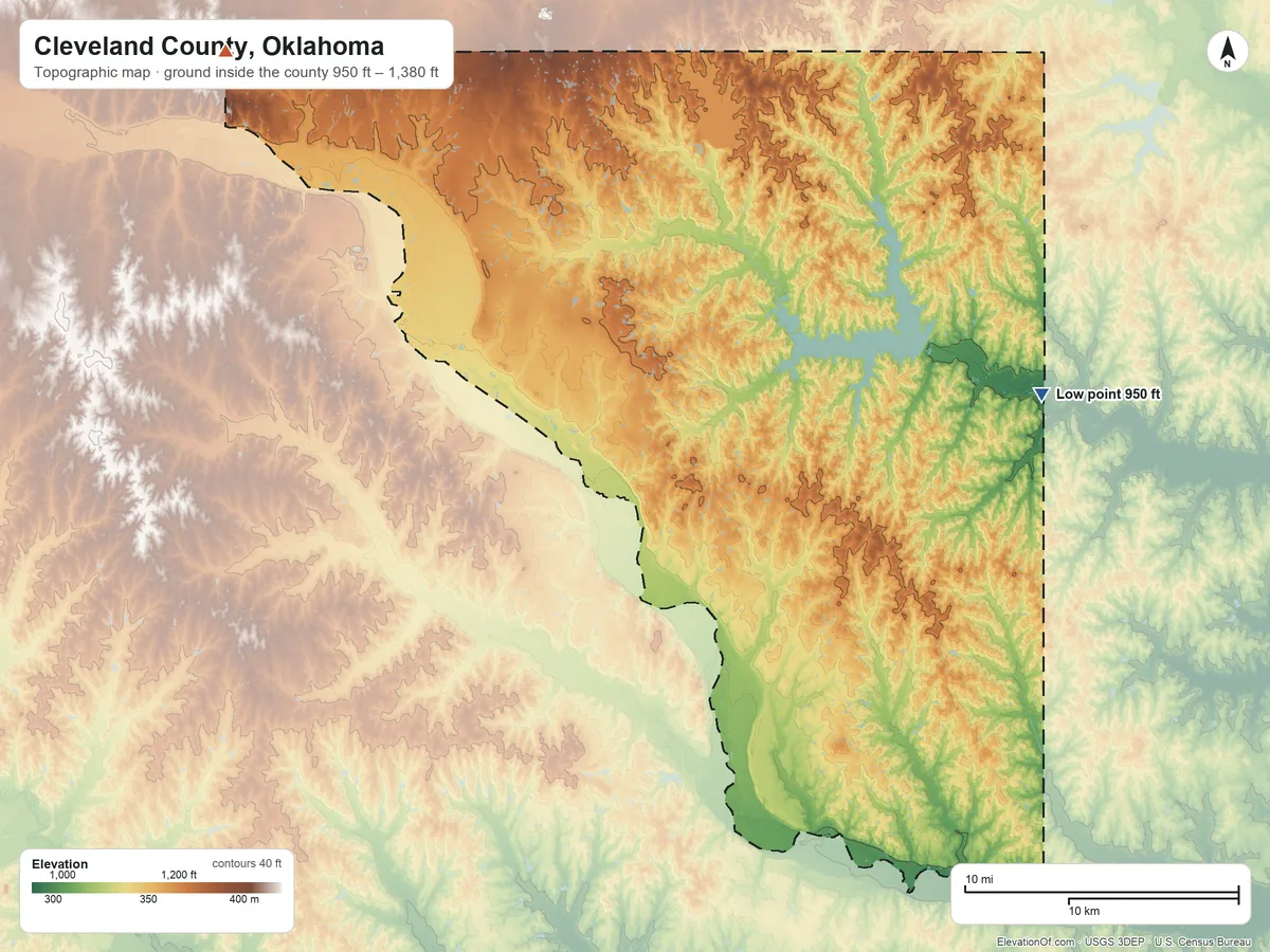 Topographic elevation map of Cleveland County, Oklahoma, shaded from 950 ft on the east side to 1,380 ft on the northwest side