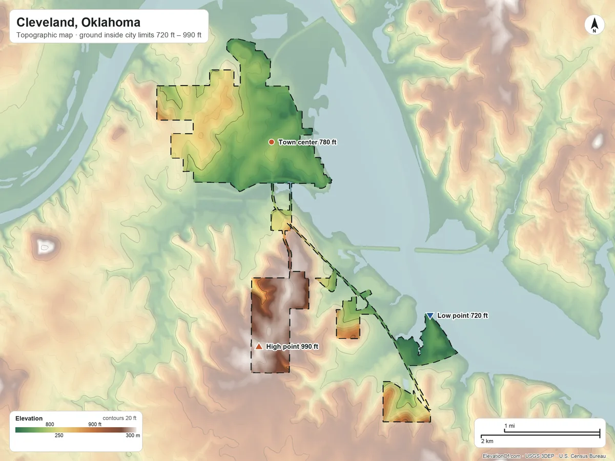 Topographic elevation map of Cleveland, Oklahoma, shaded from 720 ft on the southeast side to 990 ft on the south side