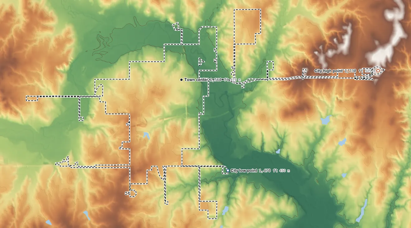 Topographic elevation map of Clinton, Oklahoma, shaded from 1,470 ft on the southeast side to 1,730 ft on the east side