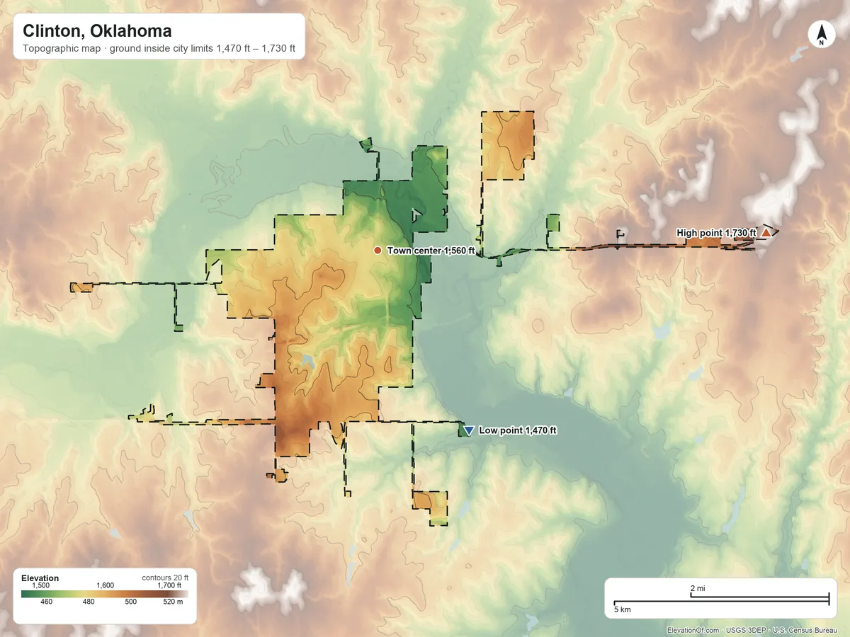 Topographic elevation map of Clinton, Oklahoma, shaded from 1,470 ft on the southeast side to 1,730 ft on the east side