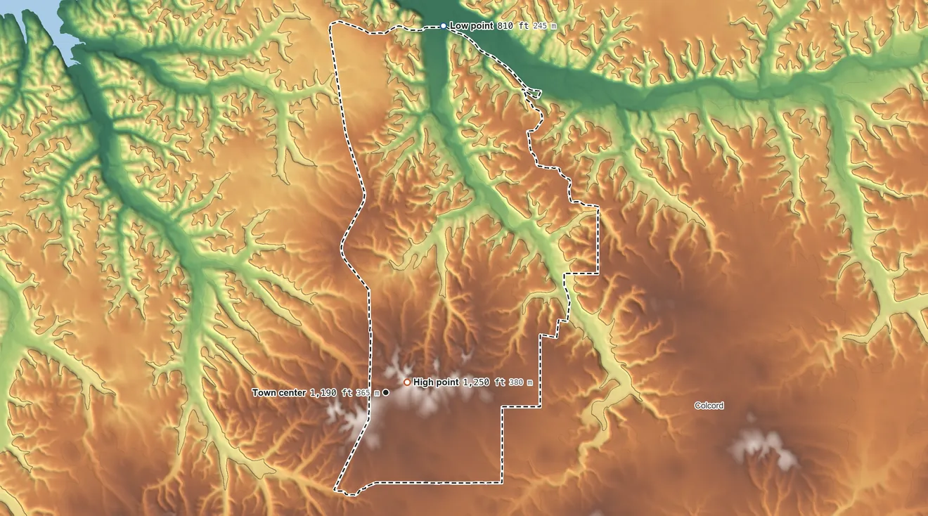 Topographic elevation map of Cloud Creek, Oklahoma, shaded from 810 ft on the north side to 1,250 ft near the middle