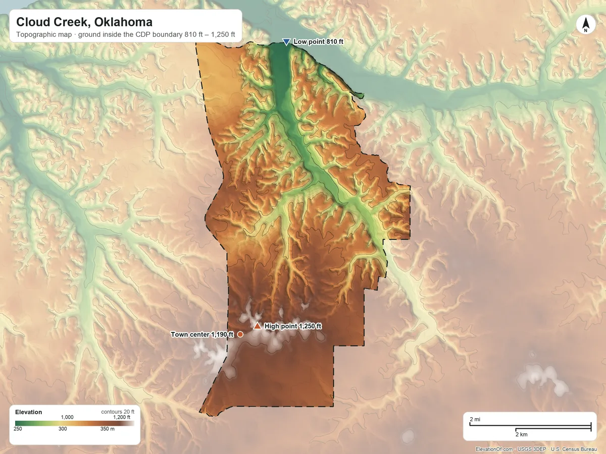 Topographic elevation map of Cloud Creek, Oklahoma, shaded from 810 ft on the north side to 1,250 ft near the middle