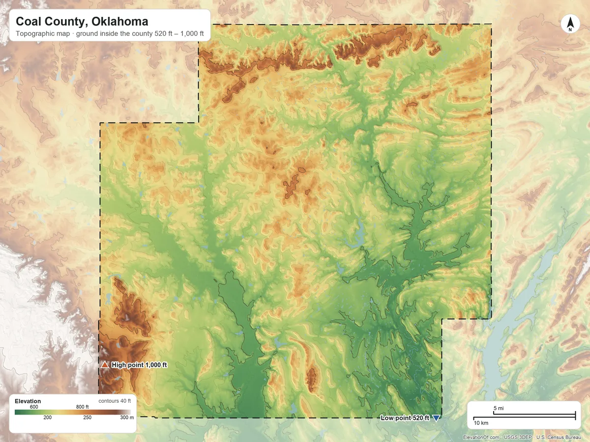 Topographic elevation map of Coal County, Oklahoma, shaded from 520 ft on the southeast side to 1,000 ft on the southwest side