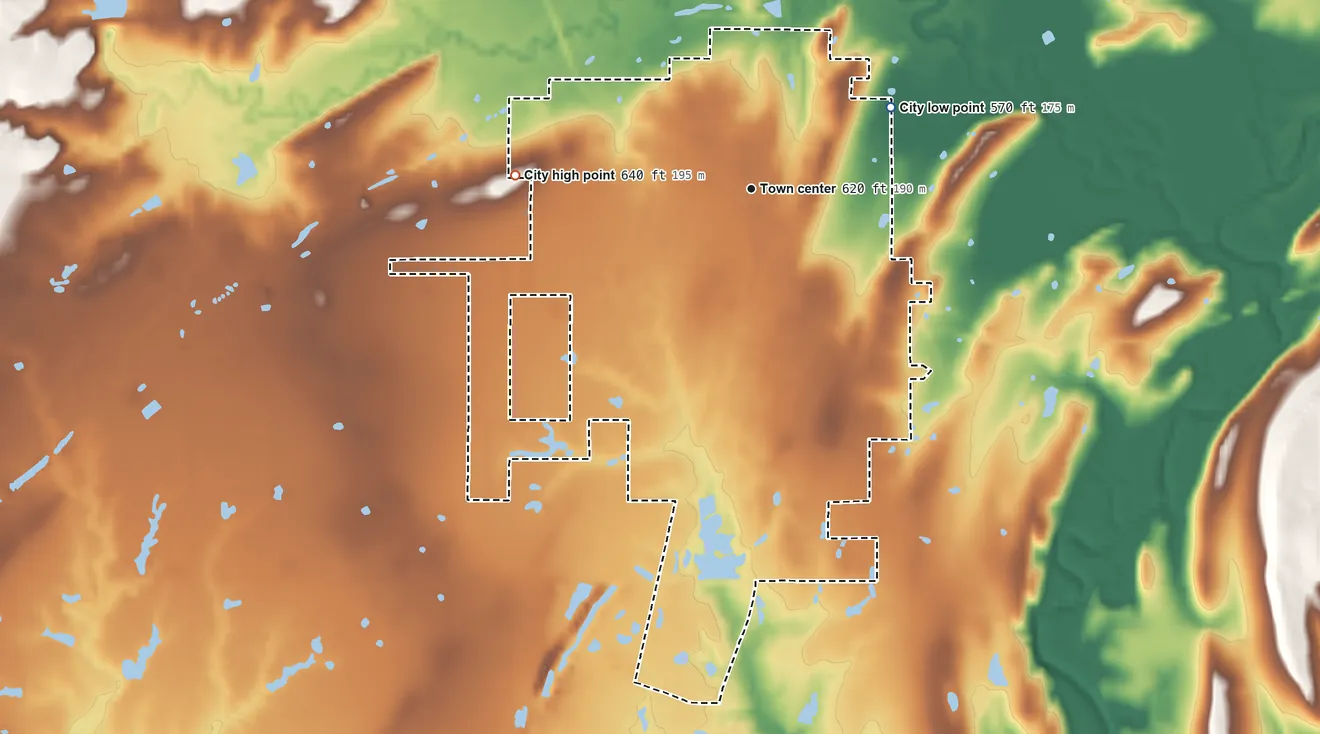 Topographic elevation map of Coalgate, Oklahoma, shaded from 570 ft on the northeast side to 640 ft on the west side