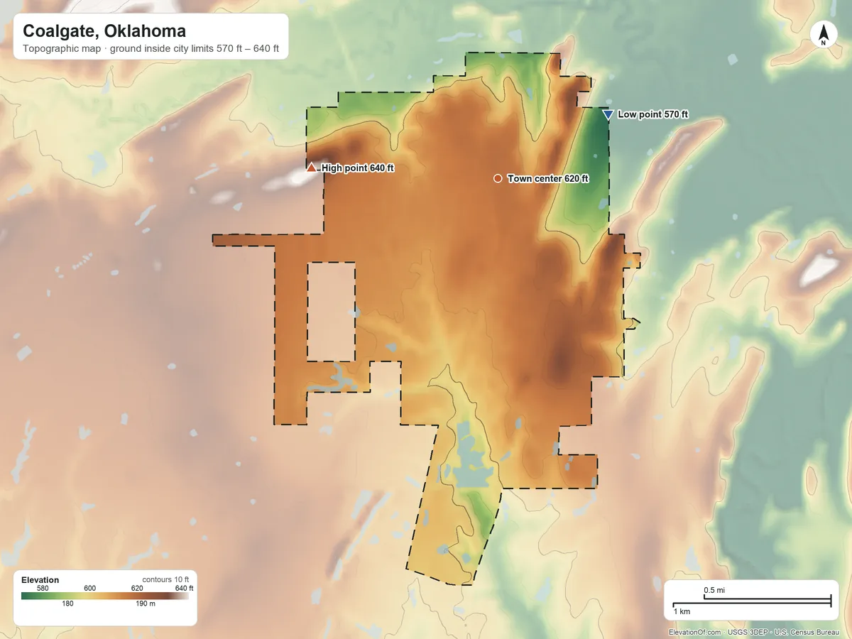 Topographic elevation map of Coalgate, Oklahoma, shaded from 570 ft on the northeast side to 640 ft on the west side