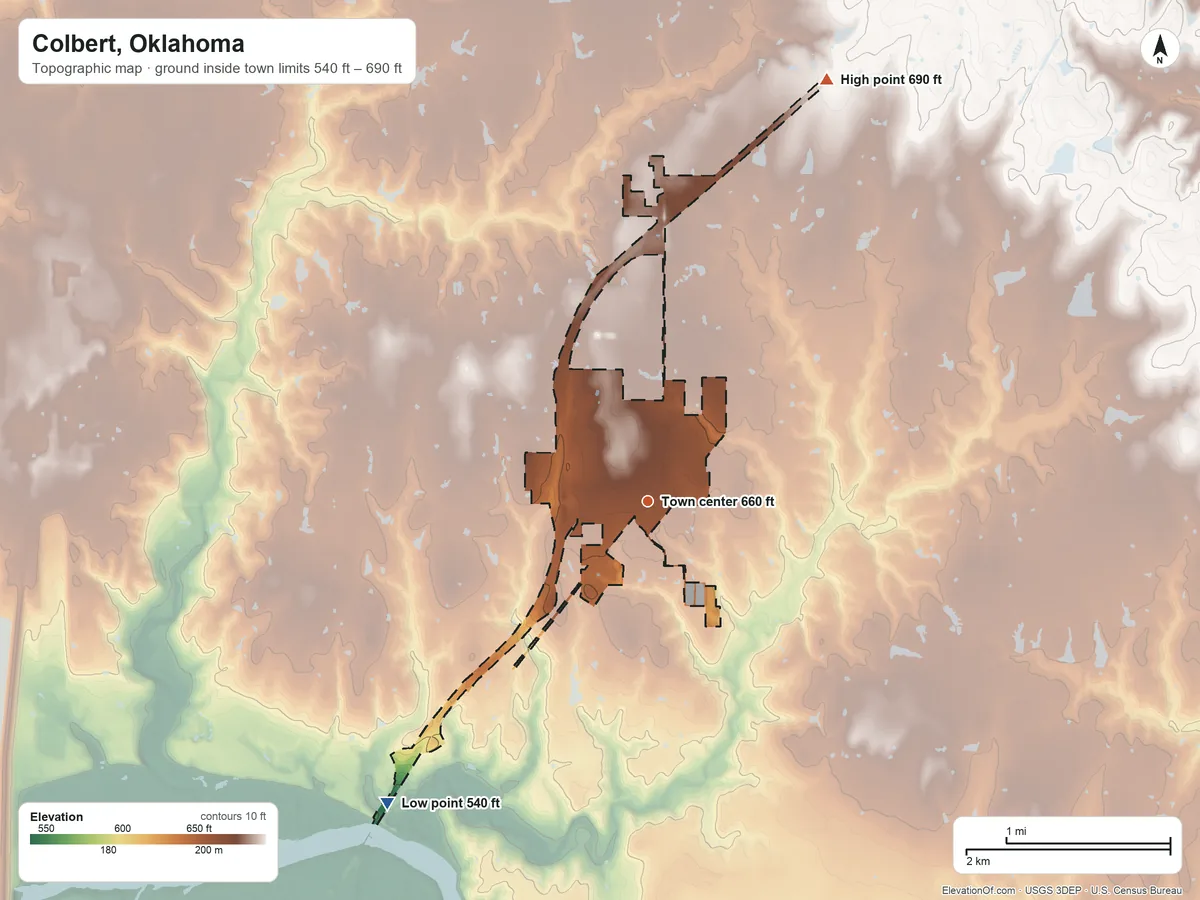 Topographic elevation map of Colbert, Oklahoma, shaded from 540 ft on the southwest side to 690 ft on the northeast side