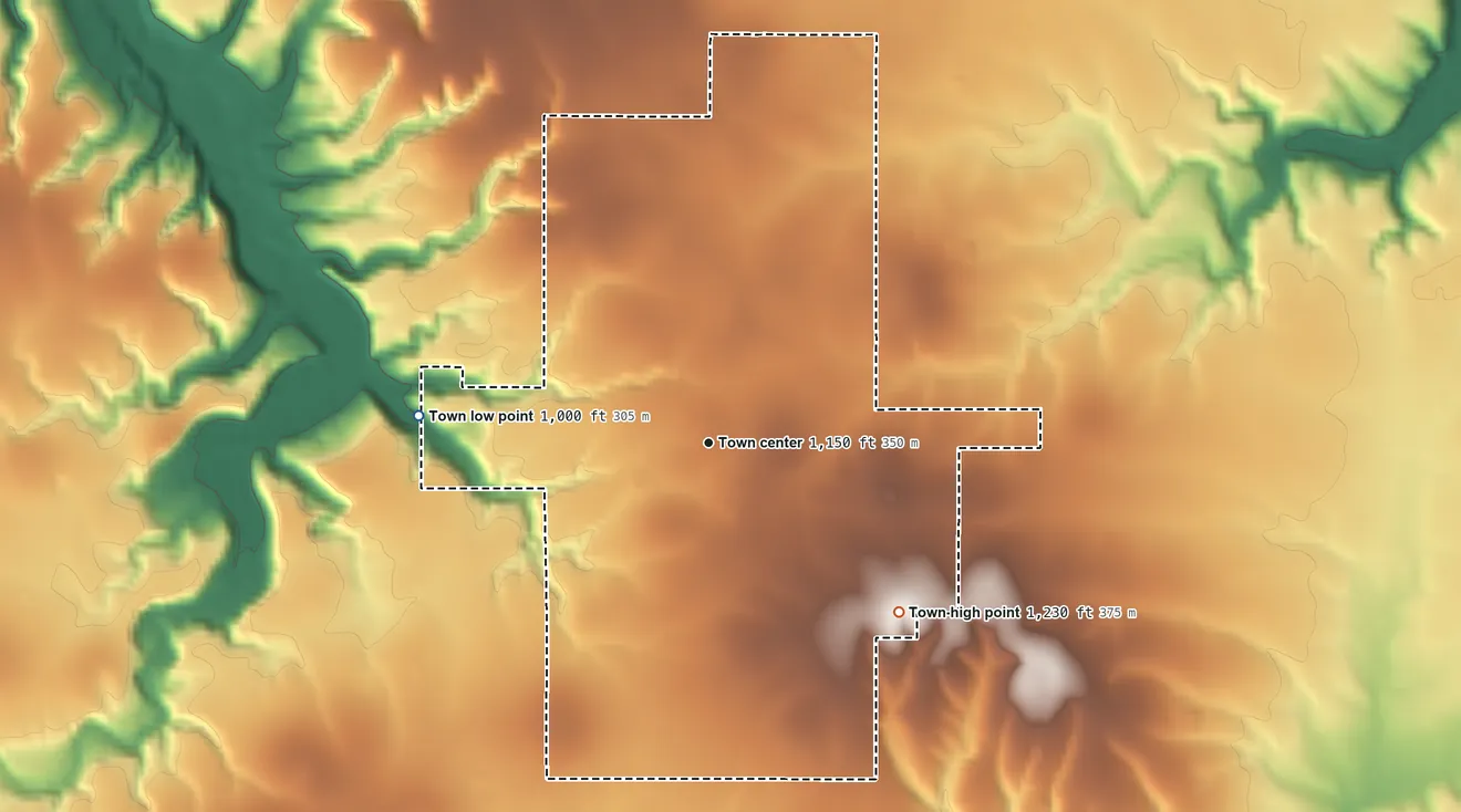 Topographic elevation map of Colcord, Oklahoma, shaded from 1,000 ft on the west side to 1,230 ft on the southeast side