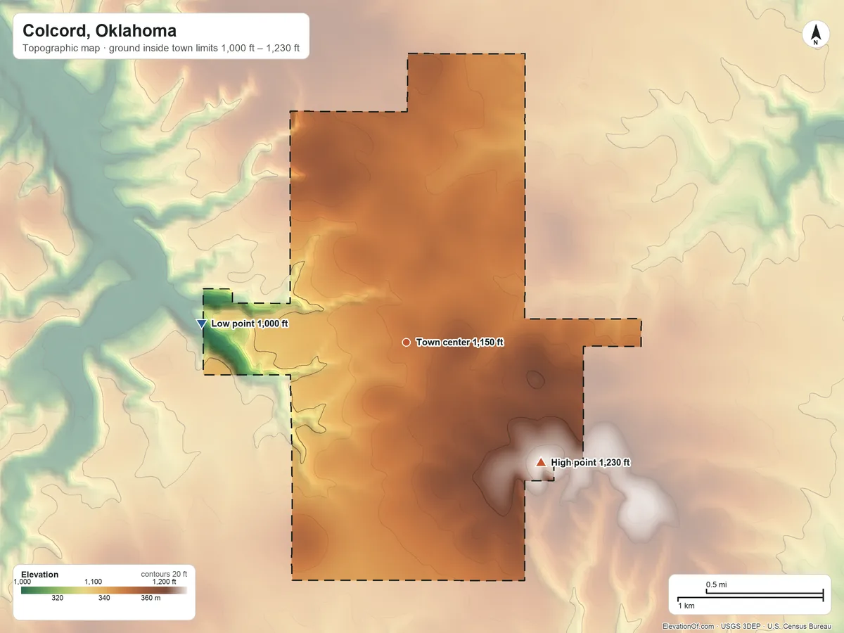 Topographic elevation map of Colcord, Oklahoma, shaded from 1,000 ft on the west side to 1,230 ft on the southeast side
