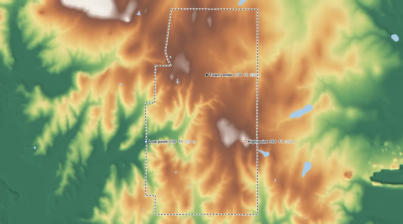 Topographic elevation map of Coleman, Oklahoma, shaded from 690 ft on the southwest side to 800 ft on the southeast side