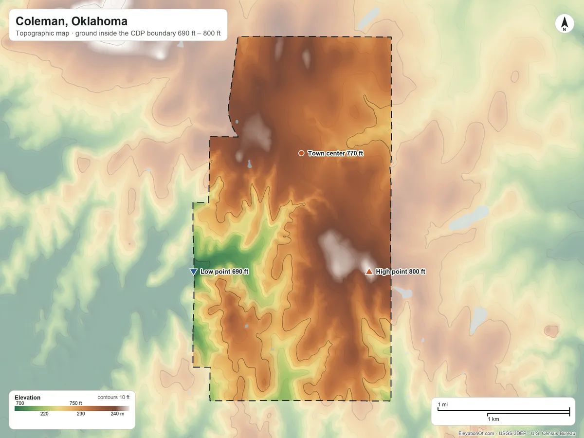 Topographic elevation map of Coleman, Oklahoma, shaded from 690 ft on the southwest side to 800 ft on the southeast side