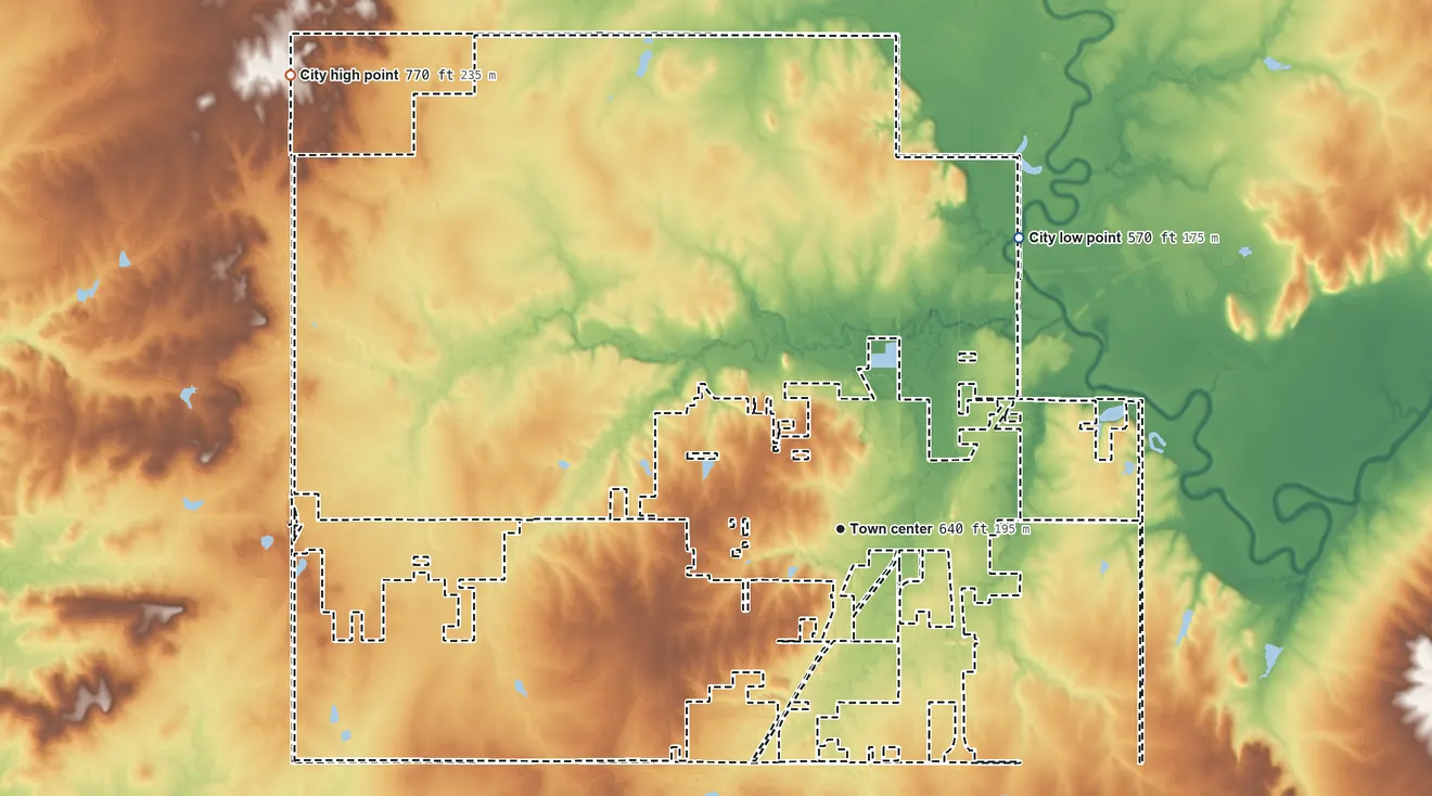 Topographic elevation map of Collinsville, Oklahoma, shaded from 570 ft on the northeast side to 770 ft on the northwest side