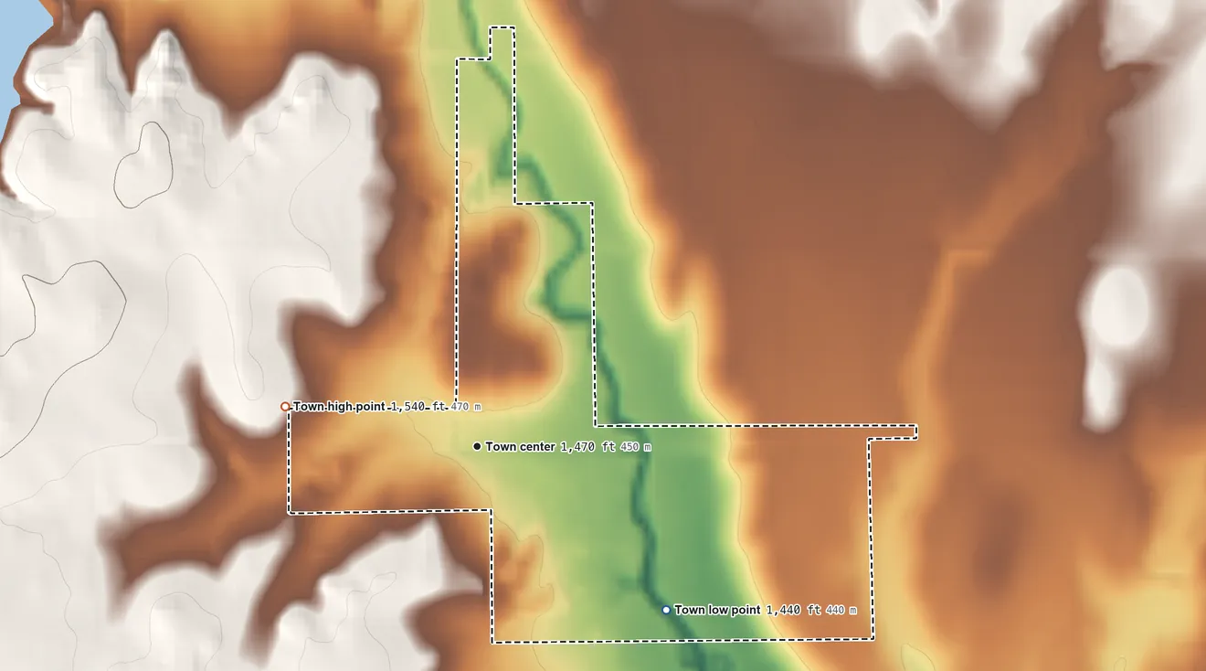 Topographic elevation map of Colony, Oklahoma, shaded from 1,440 ft on the southeast side to 1,540 ft on the west side