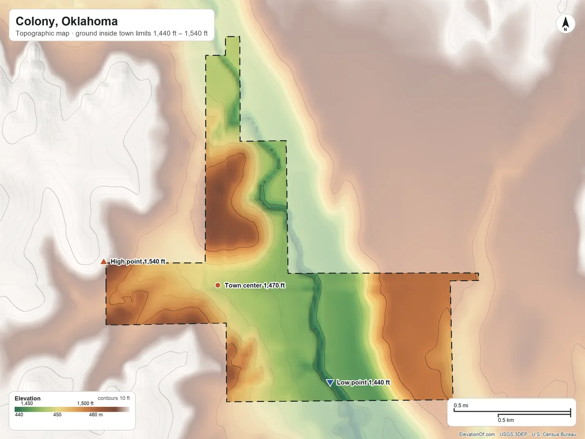 Topographic elevation map of Colony, Oklahoma, shaded from 1,440 ft on the southeast side to 1,540 ft on the west side