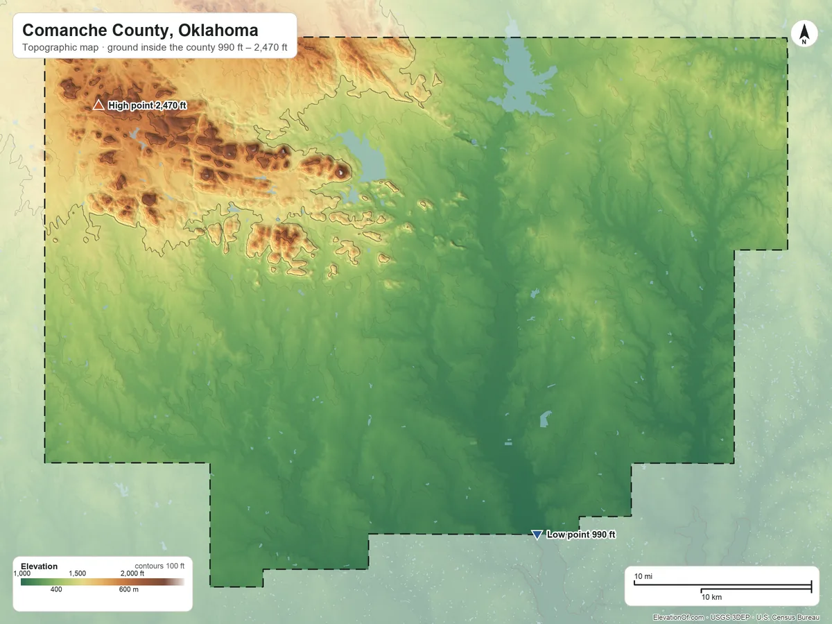 Topographic elevation map of Comanche County, Oklahoma, shaded from 990 ft on the southeast side to 2,470 ft on Mount Pinchot