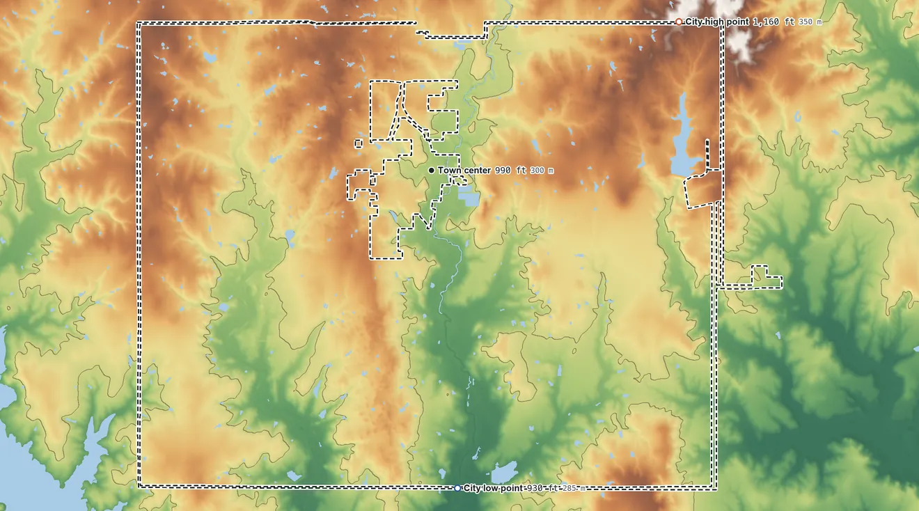 Topographic elevation map of Comanche, Oklahoma, shaded from 930 ft on the south side to 1,160 ft on the northeast side