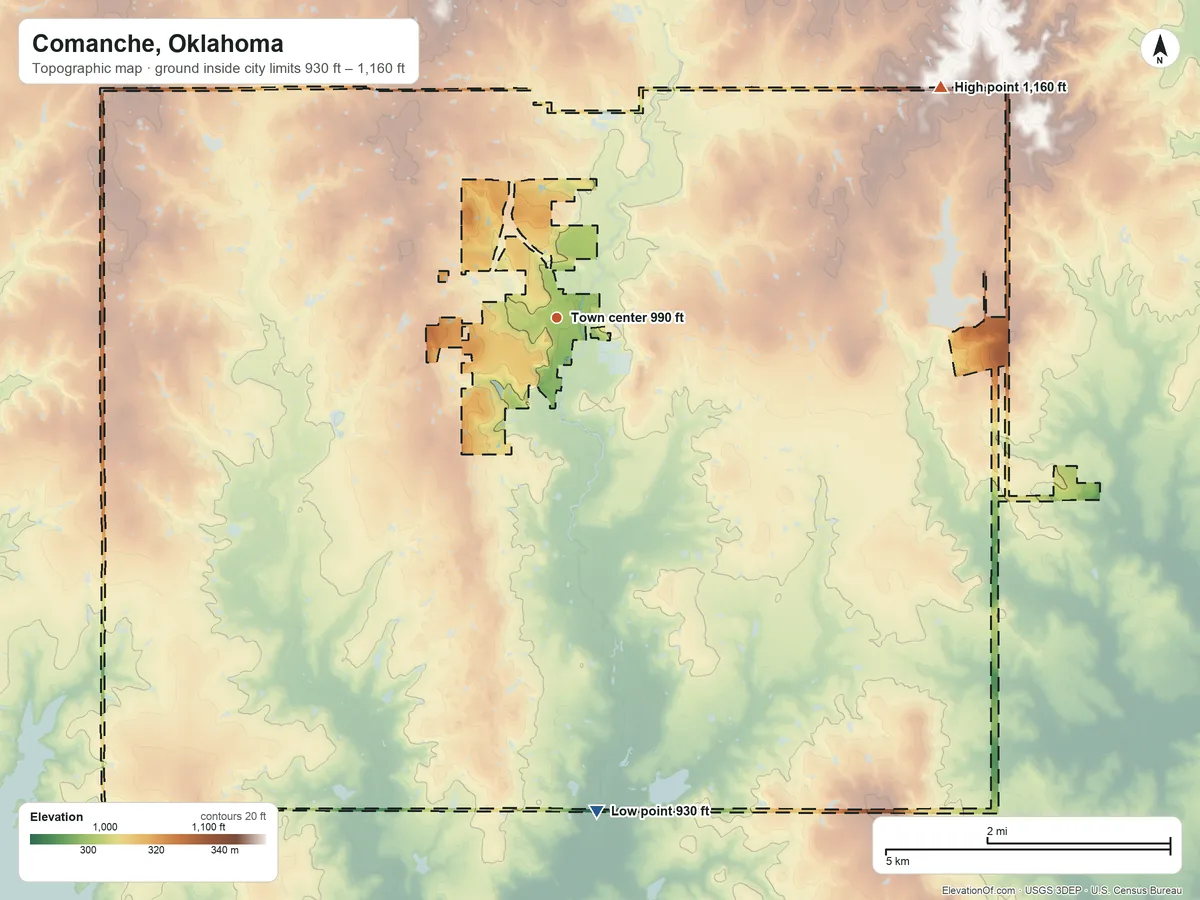 Topographic elevation map of Comanche, Oklahoma, shaded from 930 ft on the south side to 1,160 ft on the northeast side