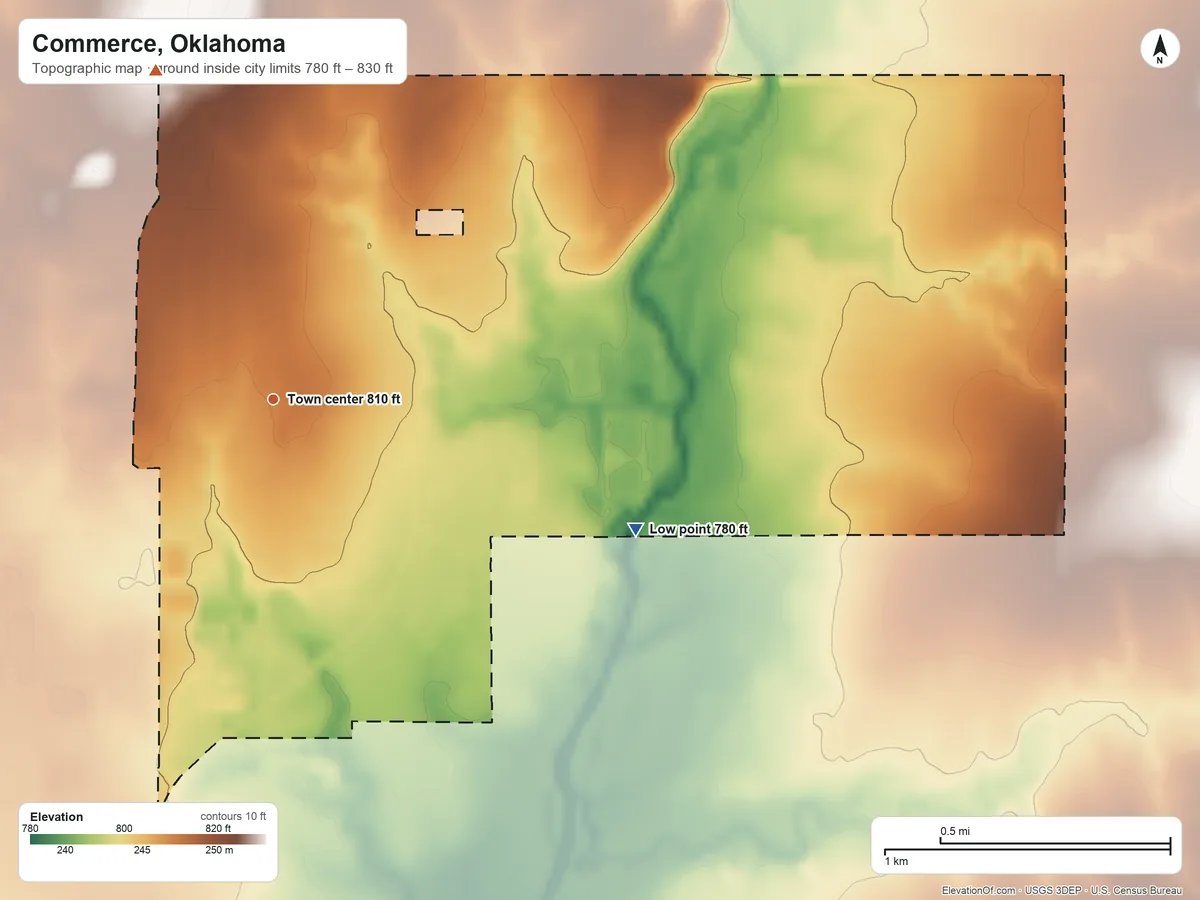 Topographic elevation map of Commerce, Oklahoma, shaded from 780 ft on the east side to 830 ft on the north side