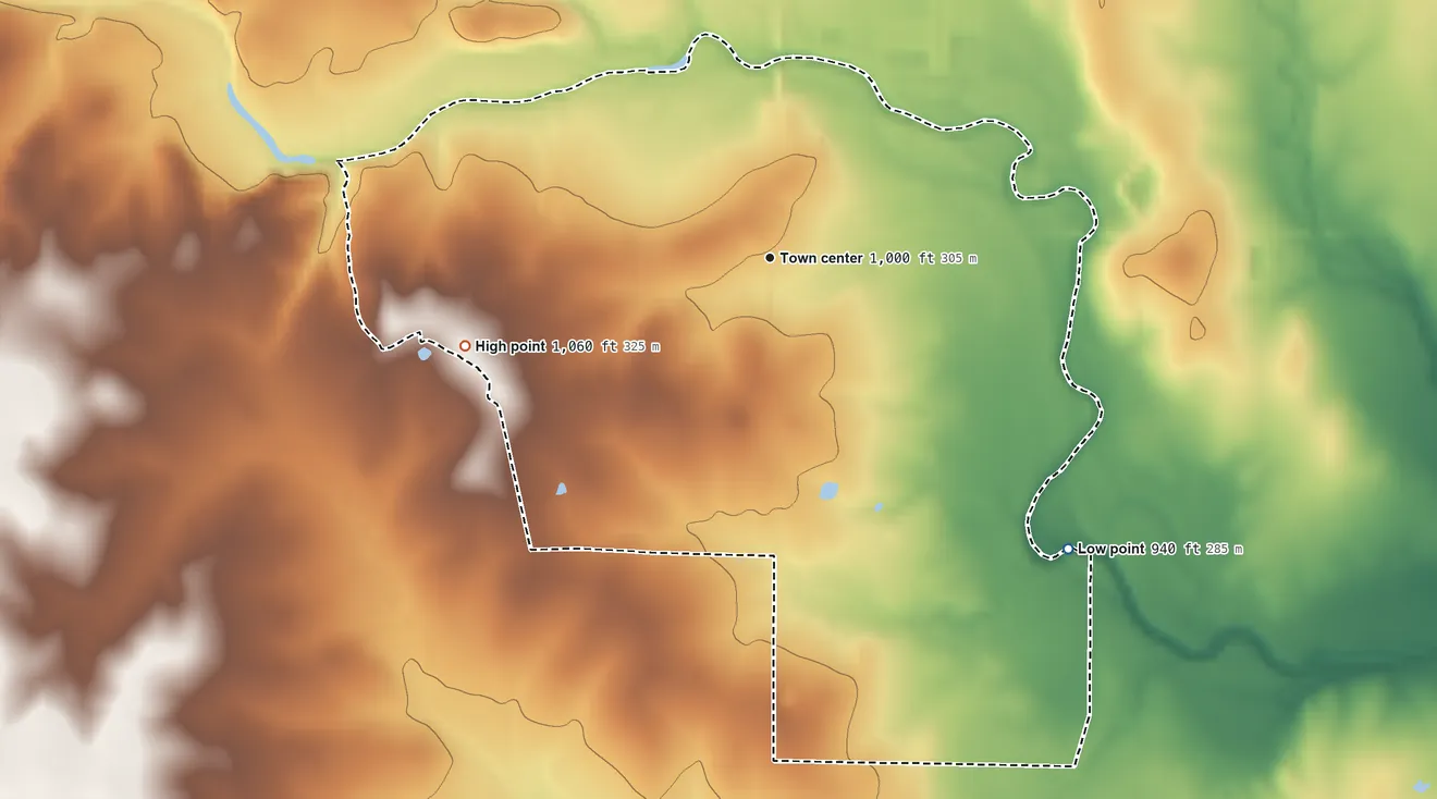 Topographic elevation map of Connerville, Oklahoma, shaded from 940 ft on the southeast side to 1,060 ft on the west side
