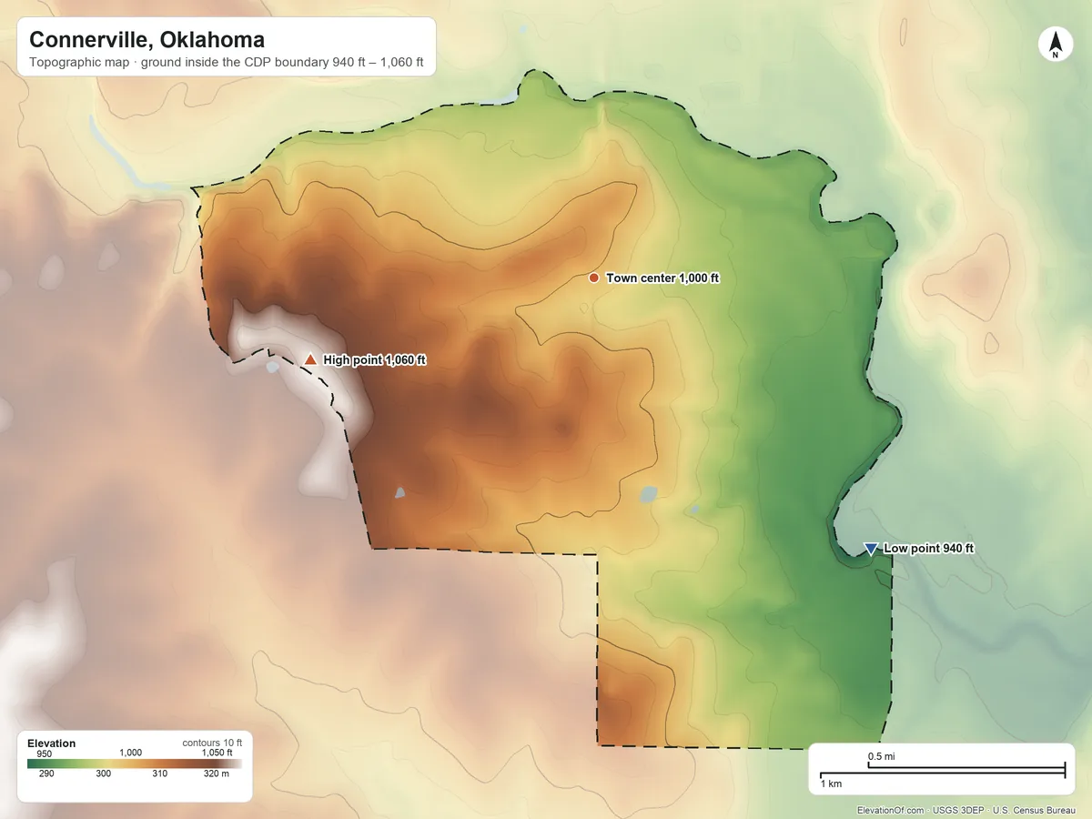 Topographic elevation map of Connerville, Oklahoma, shaded from 940 ft on the southeast side to 1,060 ft on the west side
