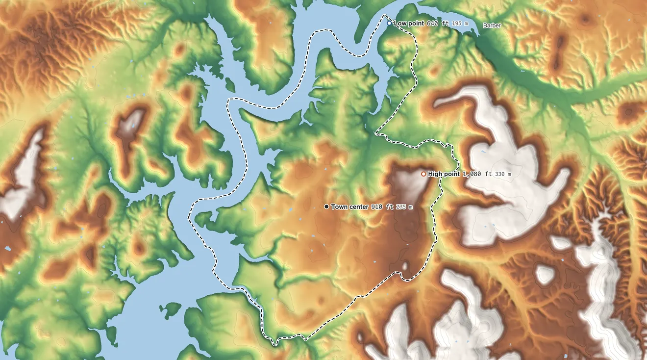Topographic elevation map of Cookson, Oklahoma, shaded from 640 ft on the north side to 1,080 ft on the east side