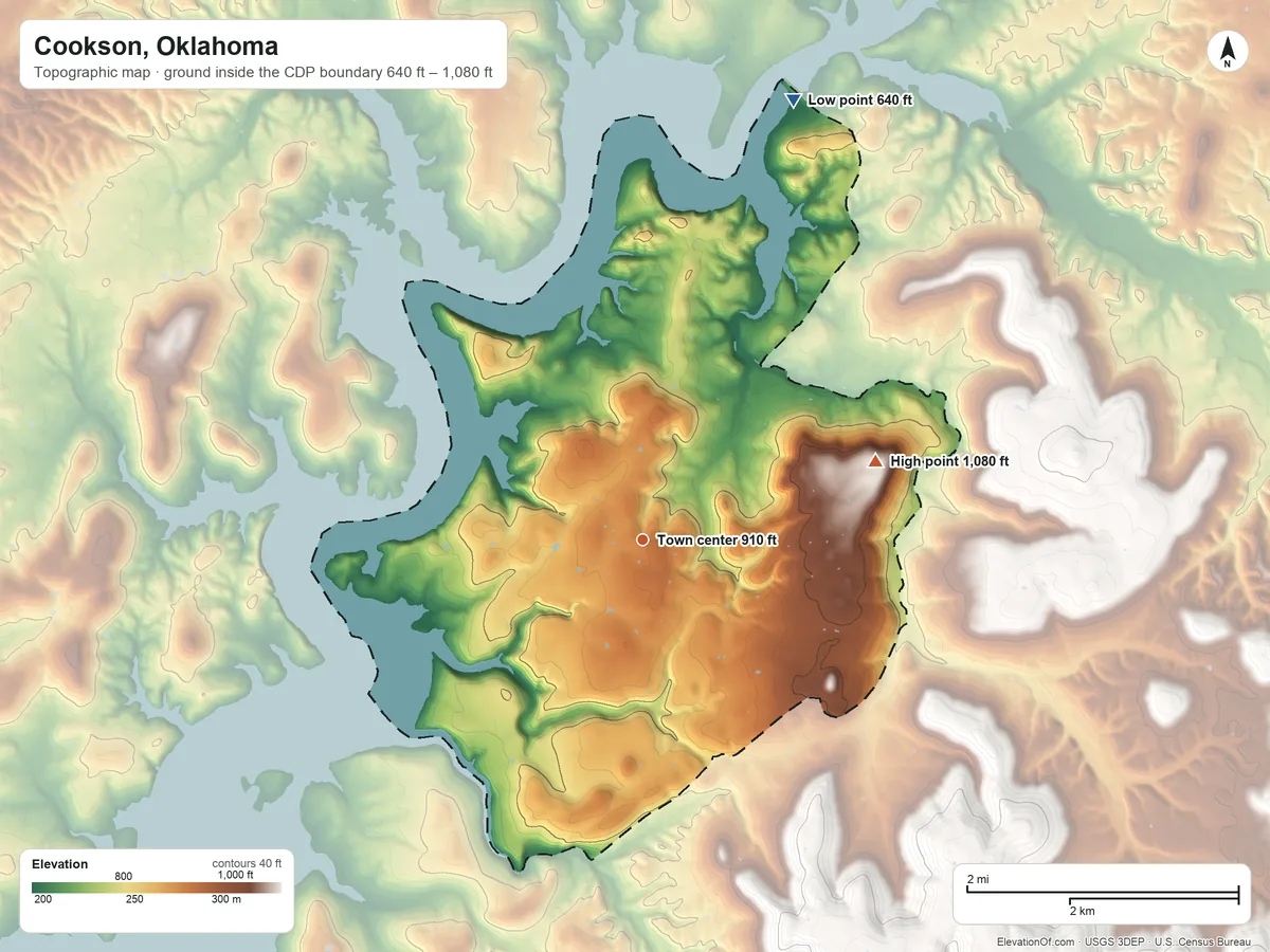 Topographic elevation map of Cookson, Oklahoma, shaded from 640 ft on the north side to 1,080 ft on the east side