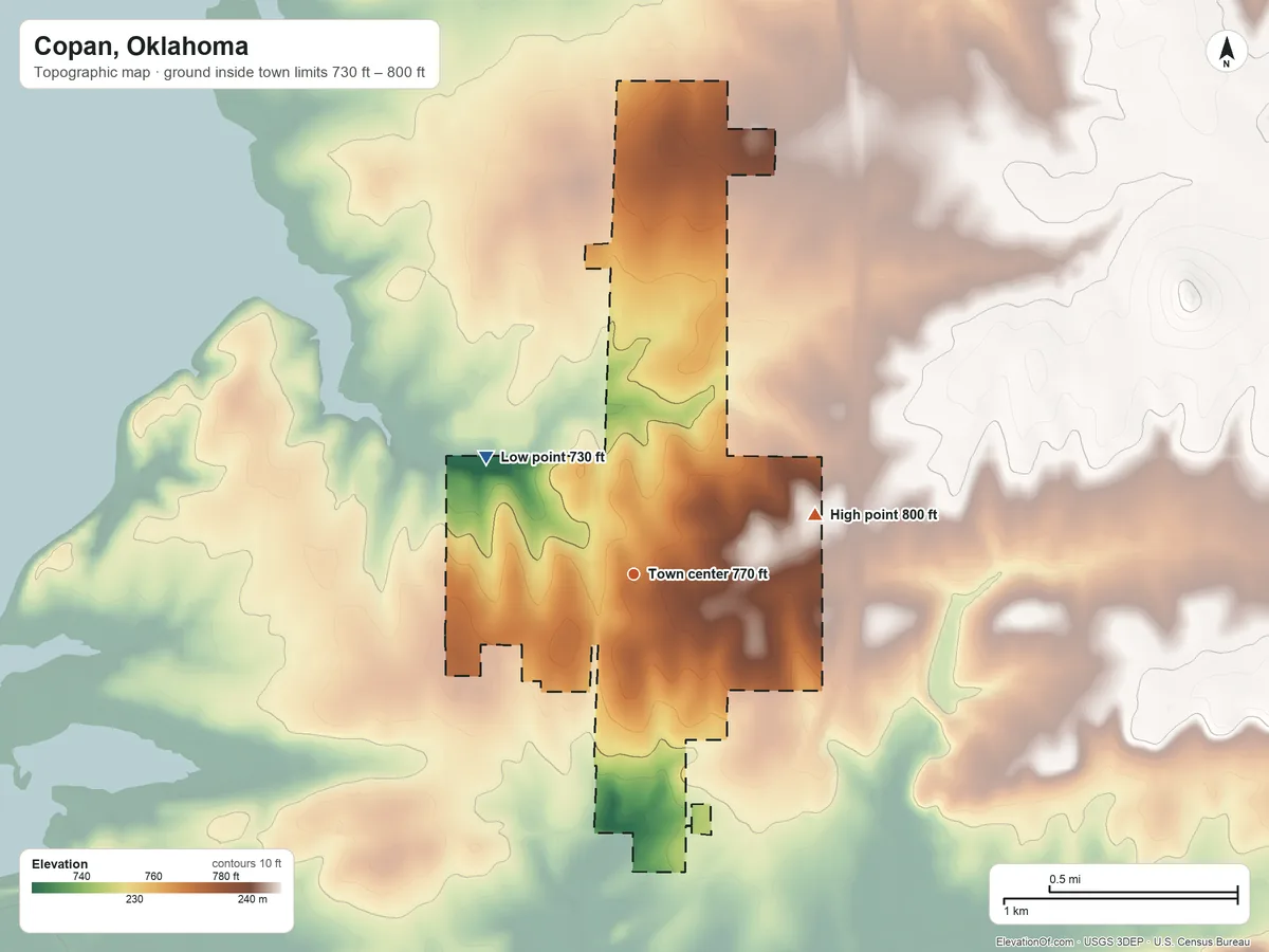 Topographic elevation map of Copan, Oklahoma, shaded from 730 ft on the northwest side to 800 ft on the east side