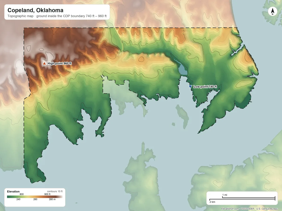 Topographic elevation map of Copeland, Oklahoma, shaded from 740 ft near the middle to 960 ft on the west side