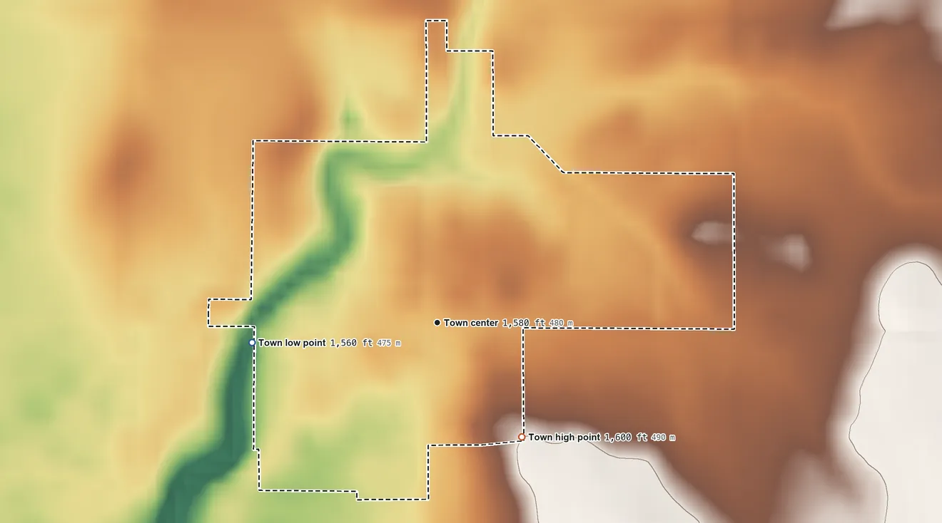 Topographic elevation map of Corn, Oklahoma, shaded from 1,560 ft on the west side to 1,600 ft on the southeast side
