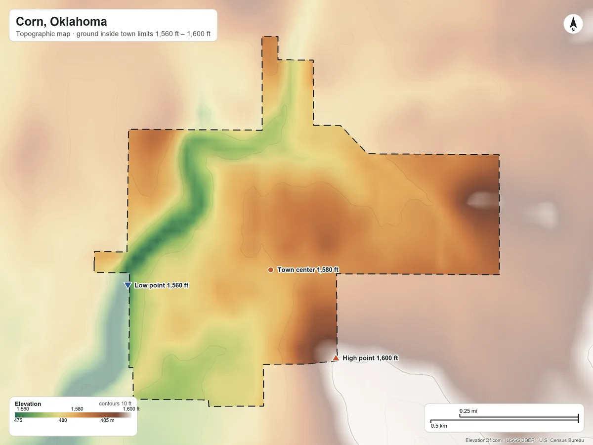 Topographic elevation map of Corn, Oklahoma, shaded from 1,560 ft on the west side to 1,600 ft on the southeast side