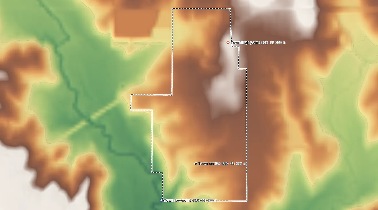 Topographic elevation map of Cornish, Oklahoma, shaded from 810 ft on the southwest side to 890 ft on the north side