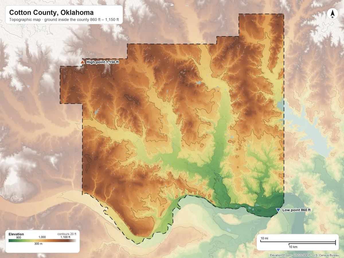 Topographic elevation map of Cotton County, Oklahoma, shaded from 860 ft on the southeast side to 1,150 ft on the northwest side