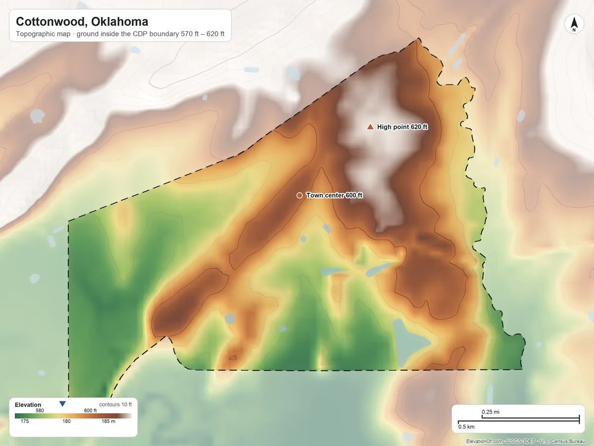Topographic elevation map of Cottonwood, Oklahoma, shaded from 570 ft on the southwest side to 620 ft on the northeast side