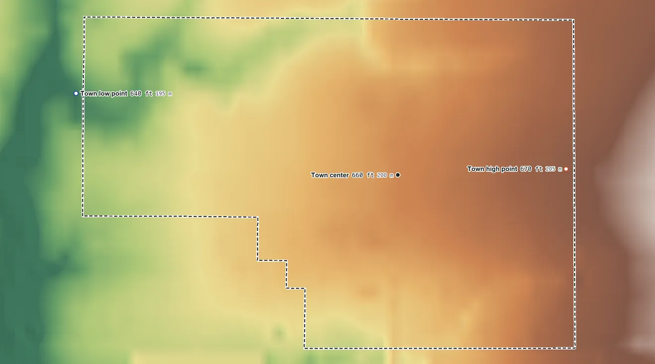 Topographic elevation map of Council Hill, Oklahoma, shaded from 640 ft on the west side to 670 ft on the east side