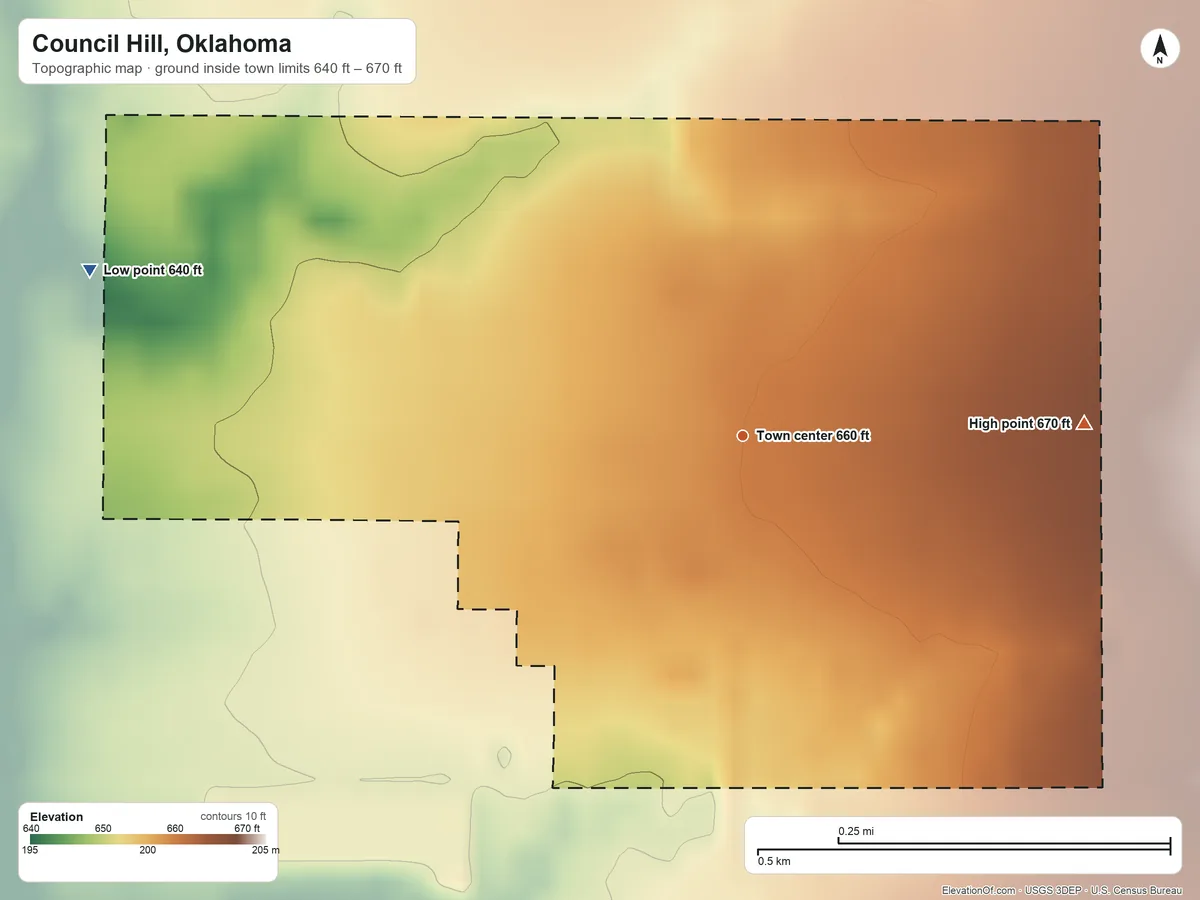Topographic elevation map of Council Hill, Oklahoma, shaded from 640 ft on the west side to 670 ft on the east side