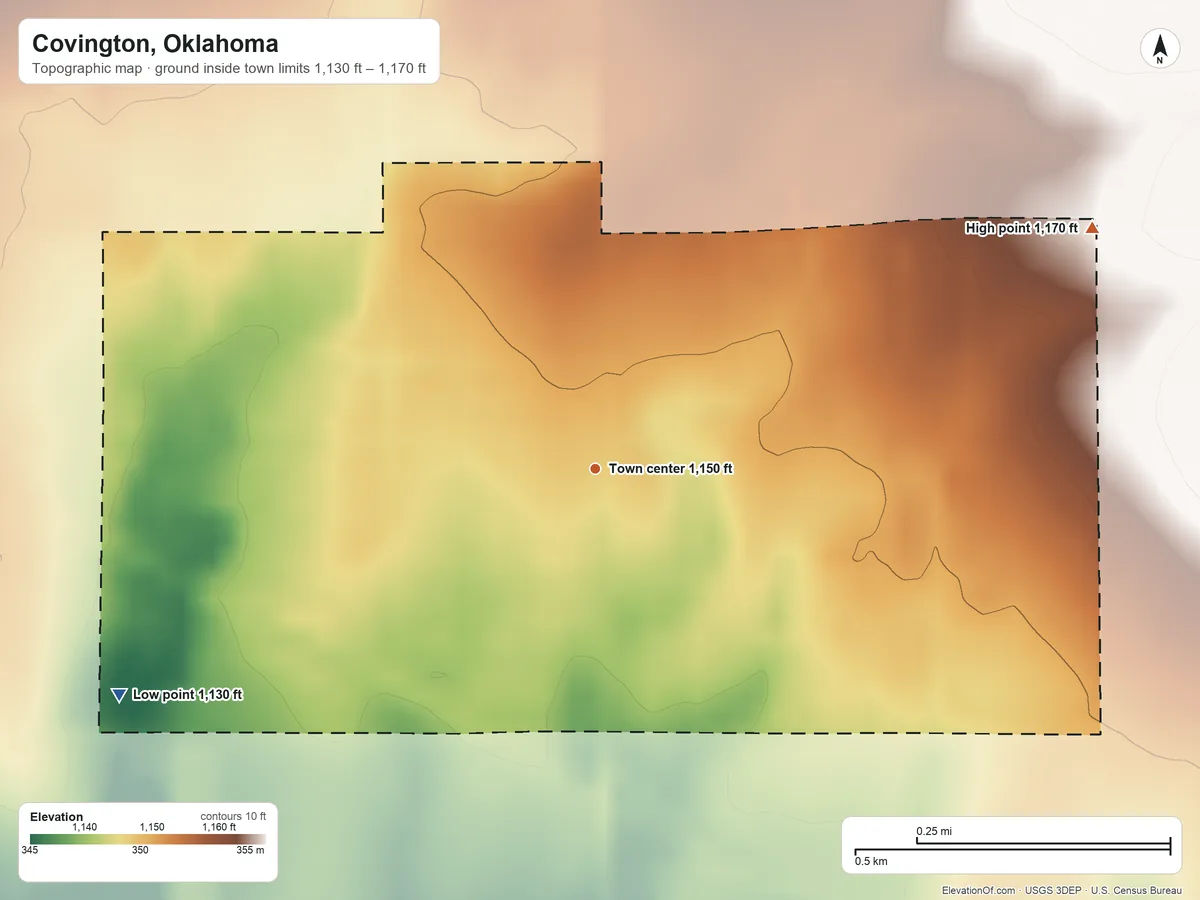 Topographic elevation map of Covington, Oklahoma, shaded from 1,130 ft on the southwest side to 1,170 ft on the northeast side