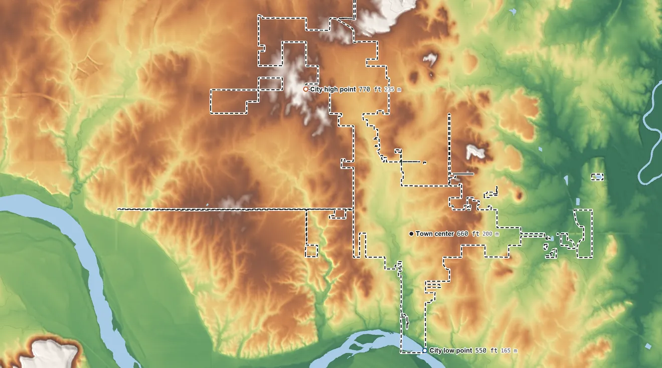 Topographic elevation map of Coweta, Oklahoma, shaded from 550 ft on the south side to 770 ft on the northwest side