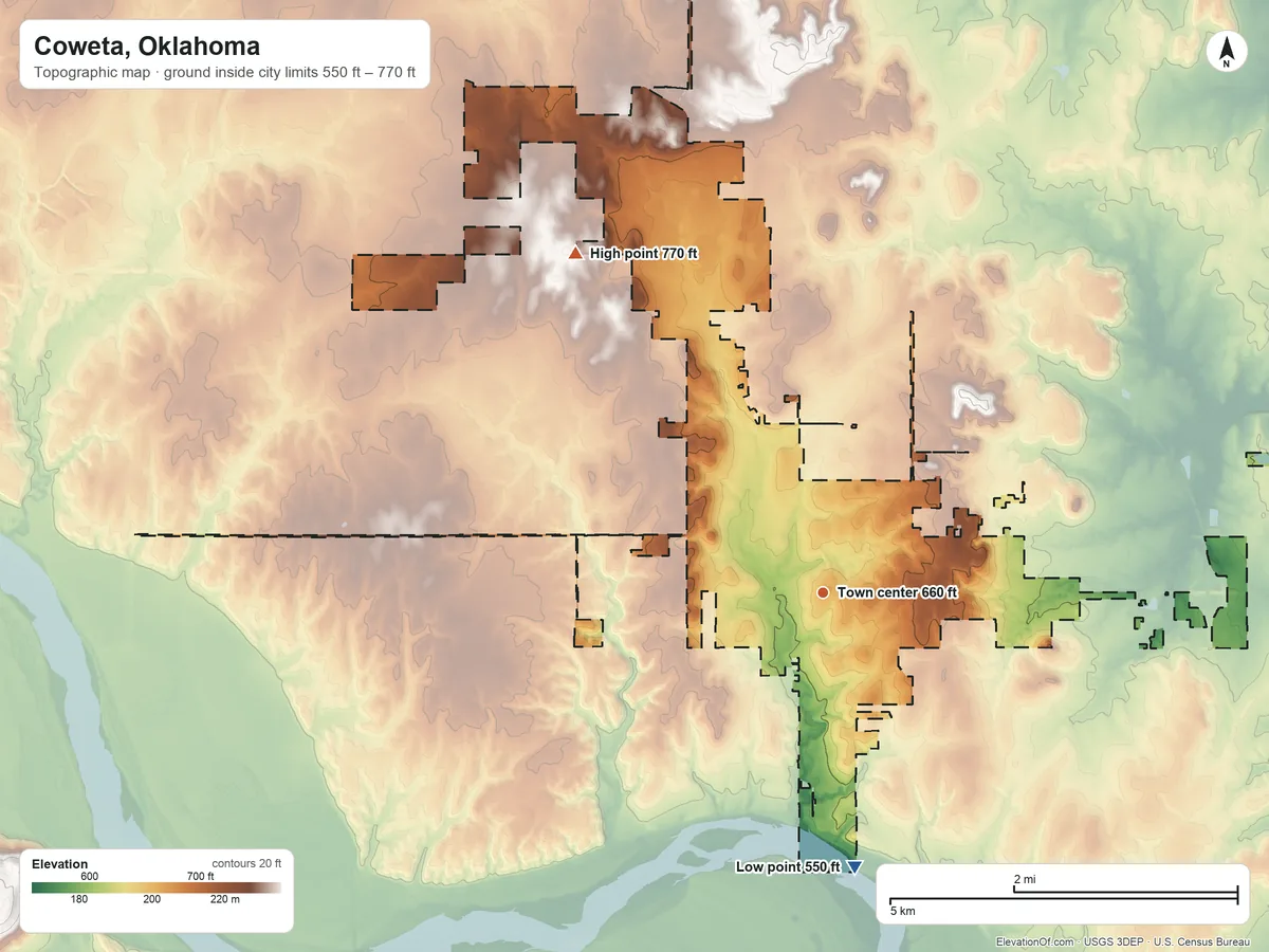 Topographic elevation map of Coweta, Oklahoma, shaded from 550 ft on the south side to 770 ft on the northwest side