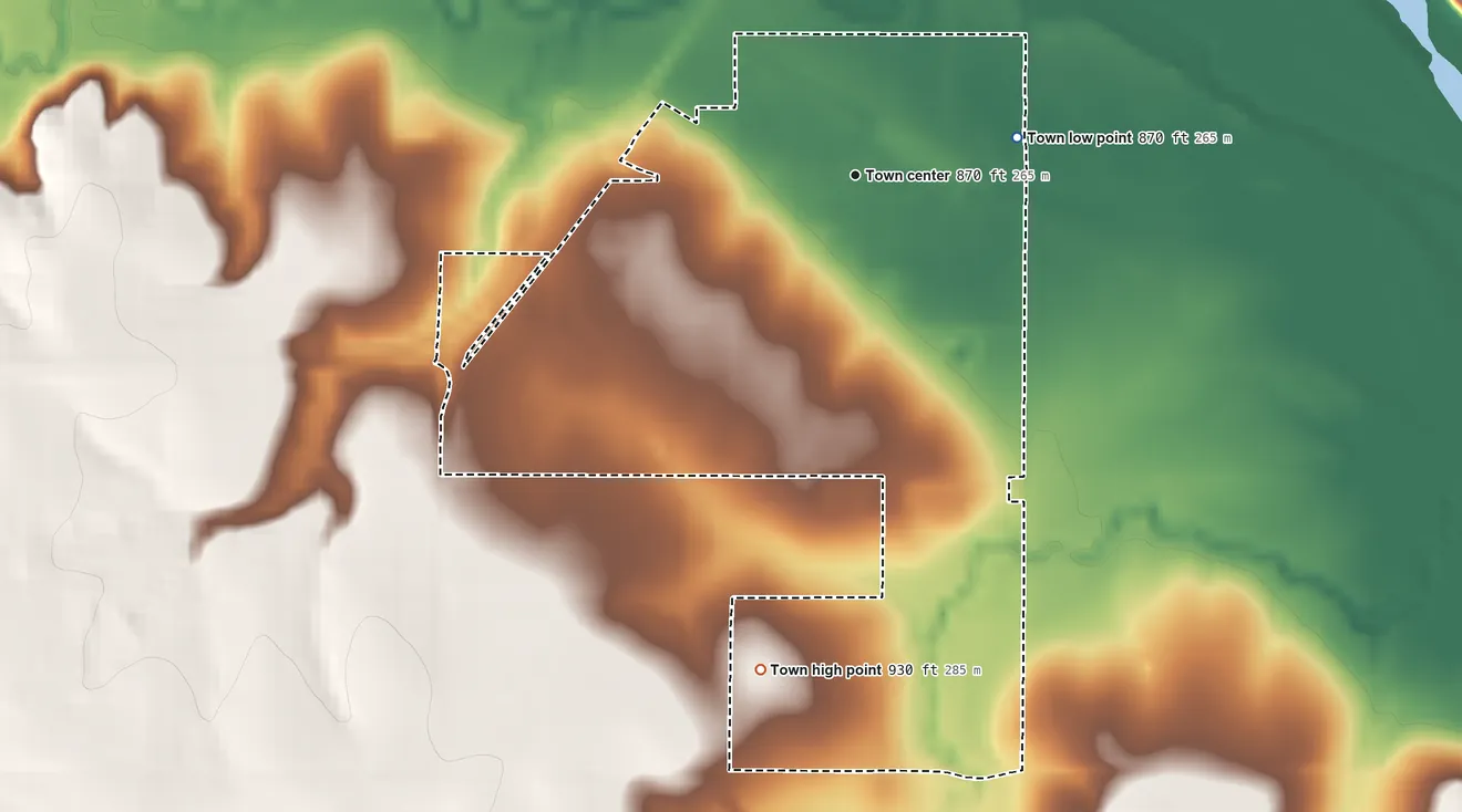 Topographic elevation map of Coyle, Oklahoma, shaded from 870 ft on the east side to 930 ft on the south side