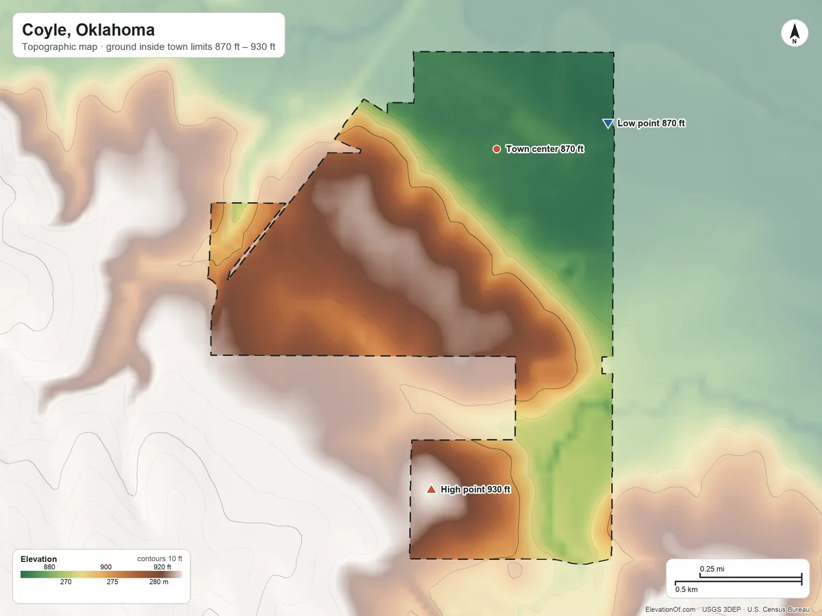 Topographic elevation map of Coyle, Oklahoma, shaded from 870 ft on the east side to 930 ft on the south side