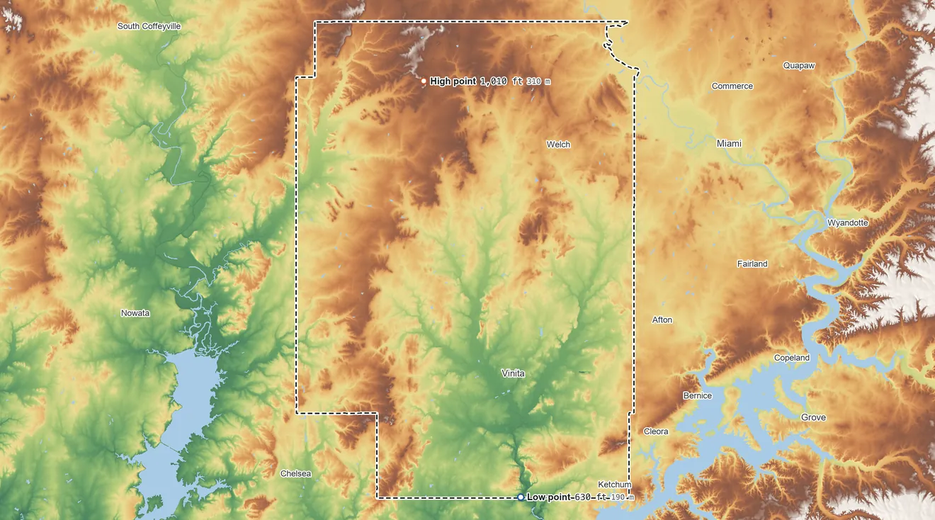 Topographic elevation map of Craig County, Oklahoma, shaded from 630 ft on the south side to 1,010 ft on the north side