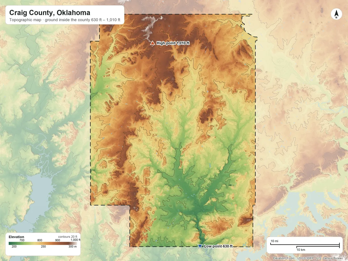 Topographic elevation map of Craig County, Oklahoma, shaded from 630 ft on the south side to 1,010 ft on the north side