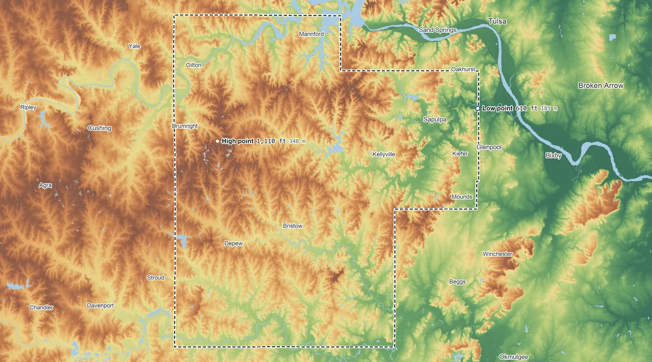 Topographic elevation map of Creek County, Oklahoma, shaded from 610 ft on the northeast side to 1,110 ft on the west side