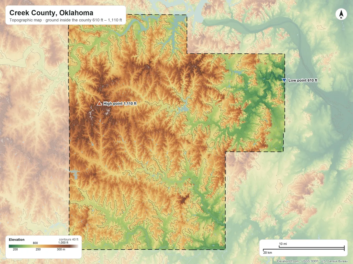 Topographic elevation map of Creek County, Oklahoma, shaded from 610 ft on the northeast side to 1,110 ft on the west side