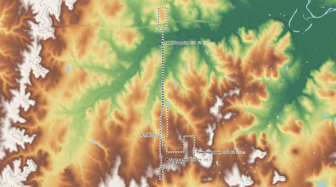Topographic elevation map of Cromwell, Oklahoma, shaded from 820 ft on the north side to 980 ft on the east side
