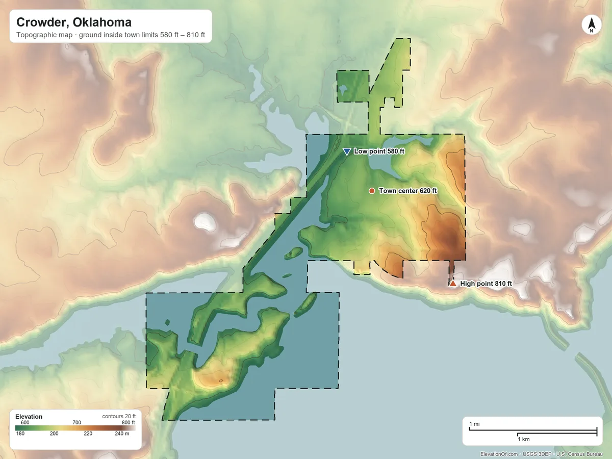 Topographic elevation map of Crowder, Oklahoma, shaded from 580 ft near the middle to 810 ft on the southeast side