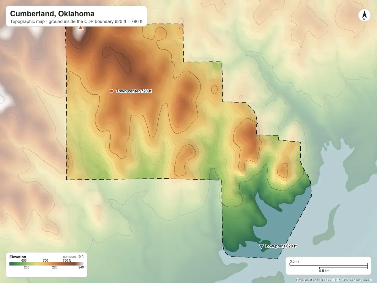 Topographic elevation map of Cumberland, Oklahoma, shaded from 620 ft on the southeast side to 790 ft on the northwest side