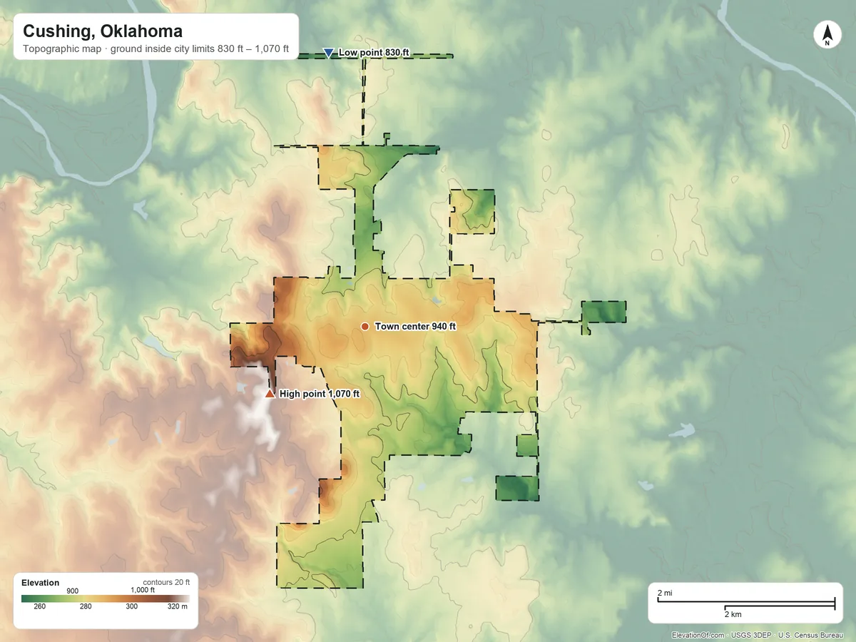 Topographic elevation map of Cushing, Oklahoma, shaded from 830 ft on the north side to 1,070 ft on the southwest side