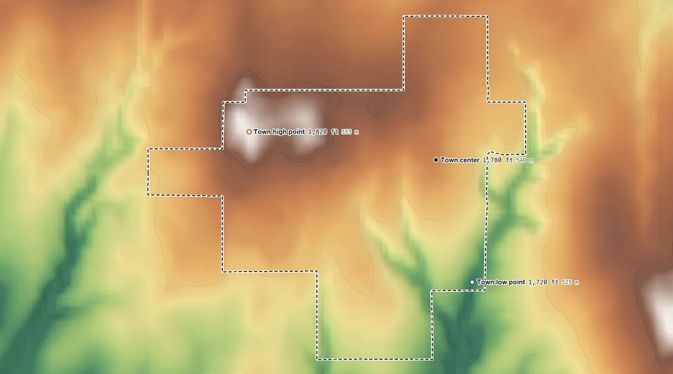 Topographic elevation map of Custer City, Oklahoma, shaded from 1,720 ft on the south side to 1,820 ft on the west side